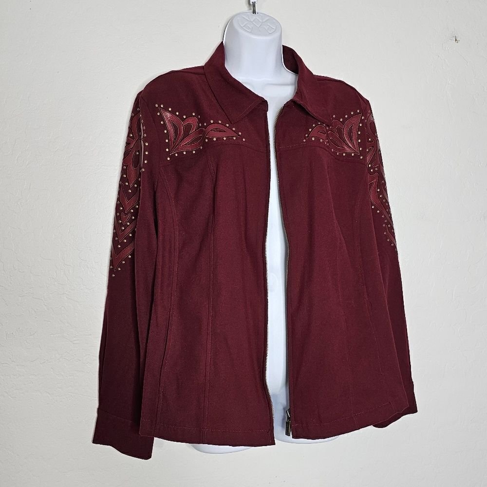 Bob Mackie Wearable Art Burgundy Jacket X-Large Faux Leather Detail Long Sleeve